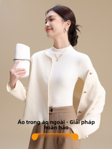 MiiOW | Áo len dệt kim cổ tròn dày dặn có lót lông cừu dài tay màu trắng mùa thu đông đa năng cho nữ Áo sơ mi cơ bản thời trang công sở phong cách Hàn Quốc