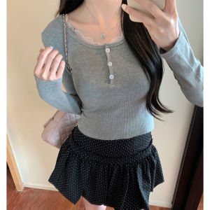 LUOFEN | Pure Desire Lace Base Shirt Womens Autumn Winter Short Sleeve Long Sleeve Slim Fit Sweet And Spicy Inner Wear Chic T-Shirt