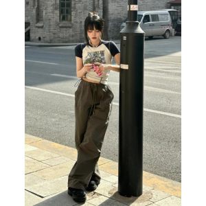 Quần Ống Rộng Dáng Rộng Cạp Cao Màu Xanh Lá Cây Quân Đội Dài Đến Sàn Cho Nữ Quần Áo Bảo Hộ Lao Động Phong Cách Đường Phố Mỹ