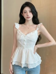 GUZILIAN | Embroidered Lace Flowers Square Collar Flared Hem Figure-Shaping Womens Top