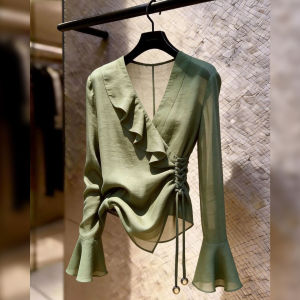 Flared Hem V-Neck Design Green Top for Women