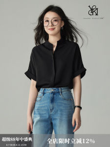 Yake Black Satin Shirt Short Sleeve Summer Stylish Niche Style V-neck Shirt Elegant Loose All-Matching Top