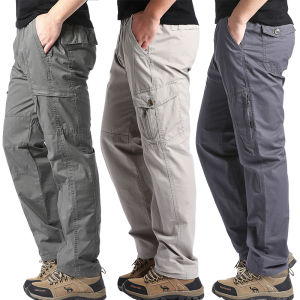 กางเกงคาร์โก้ผ้าฝ้ายเอวสูงสําหรับผู้ชายชุดทํางานทรงหลวมพร้อมกระเป๋าหลายช่องกางเกงลําลองขาตรง