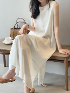 White Summer New Style Womens Dress Loose Fit Sleeveless round Neck Long A-Line Fairy Skirt Polyester High Waist Zipper Back