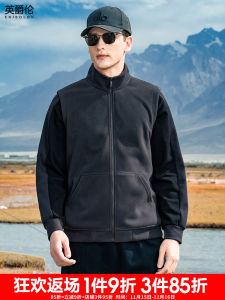 Enjeolon Heavyweight Outdoor Fleece Vest Mens Autumn Winter Stand Collar Warm Fleece Lined Jacket Sleeveless Outerwear
