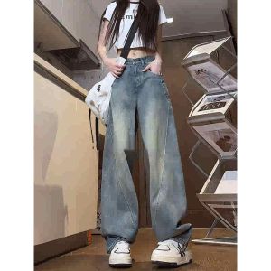 Retro Blue Knife Edge Mens Jeans Straight Leg Wide Leg Pants American High Street Style Autumn Winter Advanced Design Sensation