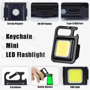 Mini Portable Keychain Light Multifunctional USB Rechargeable LED Camping Flashlight with Bright COB Pocket Clip Lantern for Out