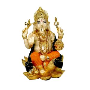 Pearl White VIGHNAHARTA GANESHA - Pure 24kt Gold Plated Solid Idol - Size: 18cm x 11.5cm - “Conqueror of Obstacles”