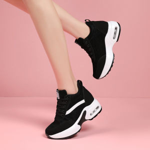 รองเท้าผ้าใบสำหรับผู้หญิงเพิ่มความสูง9ซม.รองเท้าแพลตฟอร์มสีขาวหนังสไตล์เกาหลีส้นลำลองสีดำ