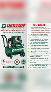 Máy Nén Khí Không Dầu Dekton DK-AC3930XPRO Thể tích bình 30 Lít - Lên Hơi Nhanh - Motor Dây Đồng