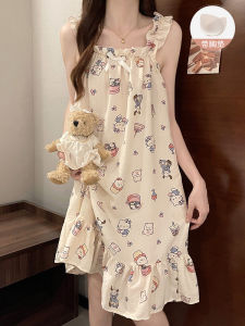 ผ้าฝ้ายการ์ตูนแอนิเมชั่นชุดนอนเซ็กซี่สําหรับผู้หญิงที่มีแผ่นหน้าอกสไตล์ฤดูร้อนความยาวกลางยาวสลิงสแควร์คอเสื้อผ้า 2024 ใหม่มาถึง