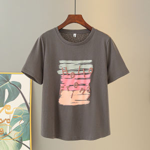 round Neck Shoulder Tops 2024 Summer New Arrival Plus Size Short Sleeve Color Graffiti Letter Print Lazy and Loose T-shirt