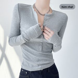 Áo thun MiiOW nữ làm bằng vải cotton dài tay cổ tròn màu trơn dáng ôm vừa vặn