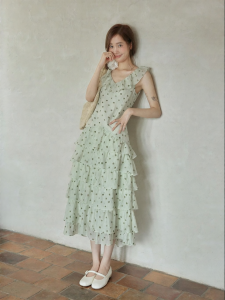 seemon | New Summer Korean Long Green Polka Dot V-Neck Ruffled Sleeveless Dress
