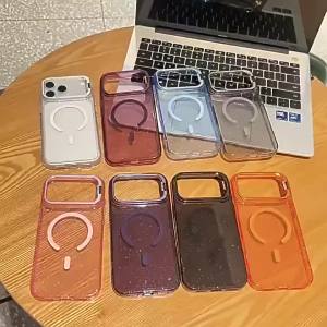 For Magsafe Glitter Transparent Magnetic Case for iPhone 18 17 16 15 14 13 Pro Max Plus 18Pro Lens Flip Stand Protection Cover