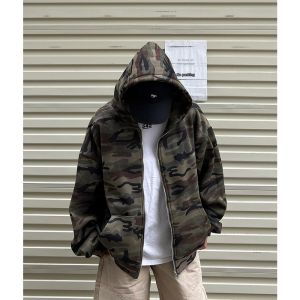 Camouflage Zippered Hooded Sweatshirt Male Vintage Streetwear Youth