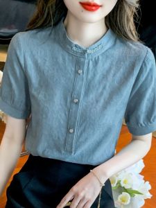 Summer New Womens Pure Cotton Shirt Stand Collar Floral Embroidery Thin Overhead Top Korean Style Commute Regular Sleeve Length