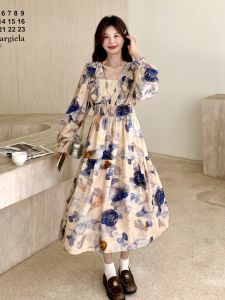 French Lace Trim Printed Dress A-Line Skirt High Waist Long Sleeve Commute Style Vintage Fairy Tea Break Small Size Autumn New