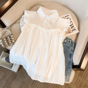 White Sleeveless Chiffon Shirt Womens Summer French Style Loose Western Style Slimming Flounce Flying Sleeves Shirt Vest Tops