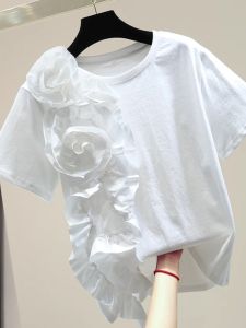 Fashionable Three-Dimensional Flower Decoration Asymmetrical Splicing Cotton Crew Neck Short Sleeve T-Shirt Korean Style Casual Top Trendy