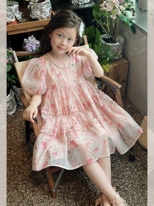 comitomi | Stylish Floral Princess Dress Short Sleeve Puff Sleeve Girls Dress