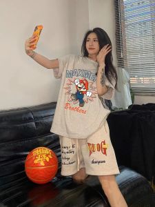 Pure Cotton American Style Street Sportswear Set Women Summer Short Sleeve Shorts Running Casual Loose Two Piece Set