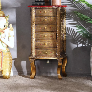 ไทยไม้เนื้อแข็งสี่หรือหกถังครึ่งวงกลมตู้เอเชียตะวันออกเฉียงใต้ลมห้องนั่งเล่นฟอยล์สีทองทาสีผนังตู้เก็บของมีลิ้นชักตู้เก็บของ