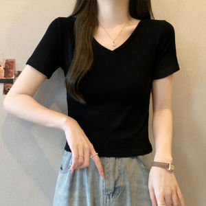Slim Fit Short Sleeve V-Neck Black T-Shirt Womens Summer New Korean Style High Waist Mini Length Fashionable Top Trendy