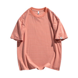 Loose Fit Mens Short Sleeve T-Shirt Summer Casual round Neck Ribbed Collar Simple Japanese Style Cotton Blend Anti-Wrinkle