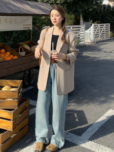 Khaki Color Womens Suit Jacket Loose Design Sensation Small Audience Casual Style Spring Season Long Sleeve Pure Color