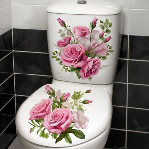 Pink Rose Floral Toilet Stickers Removable Waterproof Bathroom Toilet Seat Decals Toilet Lid Decor for Bathroom Renovation