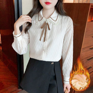 เสื้อเชิ้ตผู้หญิงสไตล์ยุโรป ทรงหลวม แขนยาว ปกโปโล ปักลูกไม้ เสื้อเชิ้ตแฟชั่นฤดูใบไม้ผลิและฤดูใบไม้ร่วง