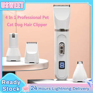 4 In 1 Professional Pet Cat Dog Hair Clipper Waterproof Low-Noise No Pain Electrical Shaver Set USB Rechargeable Razor Trimmer Grooming Kit Multi-Function Cats Dogs Shaving Machine Nail Grinder Electric Clipper Razor Set (White)
