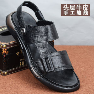 Handmade Casual Mens Sandals Breathable Leather Beach Shoes Thicker Rubber Sole Comfortable Driving Slippers Trendy Toe-Open