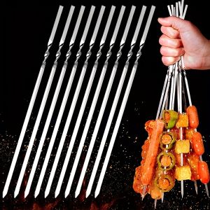 10PCS Kabob Skewers Flat Metal Stainless Steel BBQ Barbecue Skewer 12" Anti-Roll Heavy Duty Shish Kebob Sticks Wide Reusable Gri