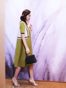 221NOVA quality⭐Miyake POLO Collar Western Pleated Dress  Summer New Fashion Contrast Color le Temperament Loose Large Size Skirt