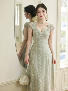Elegant High-Waisted Korean Style Embroidered Dress Cold Tone Waist-Cinching Long Skirt for Women Cotton Material No Brand