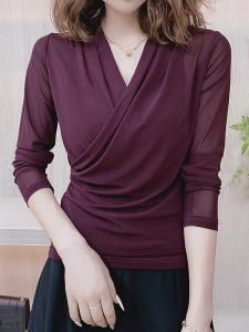 Fashionable V-Neck Long Sleeve Mesh Shirt for Middle-Aged Women New Cross Style Slimming Design Autumn Small Shirt Pure Color