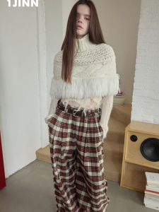 1JINN STUDIO | Vintage Pure Color High Collar Knitted Tunic Hollow-out Cable Knit Fringe