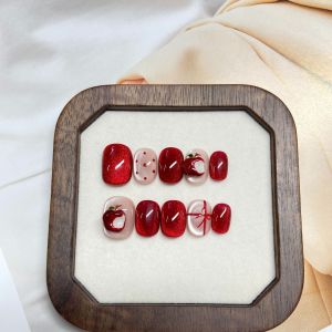 Handmade Wearable Nail Art Red  Design Christmas Eve White Enhancing Detachable Beautiful Nail Art for Women Girls