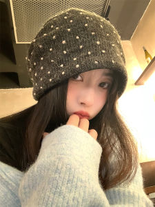 Korean Polka Dot Knitted Hat Womens Autumn Winter New Large Head Wrap Small Face Warmth Ear Protection Woolen Cold Cap
