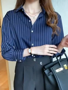 Blouse Women Elegant Stripe Long Sleeve Shirt Korean Style Chiffon Business Formal Shirt Women Office Wear Baju Kemeja Perempuan