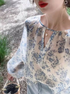 YUFUQING | French Style Floral Print Shirt Women Summer 2025 Long Sleeve Lazy Style Doll Top Loose Fit Round Neck Polyester Fiber