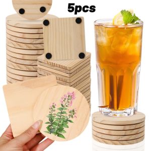 5Pcs Natural Solid Wood Coasters for Cup Hot Blank Wooden Coaster Kitchen Heat Resistant Cup Mat Pad Drinks Coffee Mug Holder with Non-Slip Dots