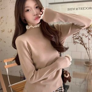 เสื้อสเวตเตอร์ถักคอสูงครึ่งตัวสำหรับผู้หญิง ฤดูใบไม้ร่วง 2025 เสื้อชั้นในสไตล์ฝรั่งเศส BM ดีไซน์เก๋ไก๋ หวาน ผ้าฝ้ายผสม