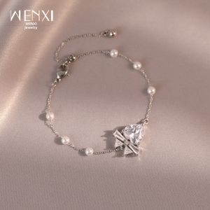 WENXI | Silver Bow Zircon Heart Charm Bracelet for Women