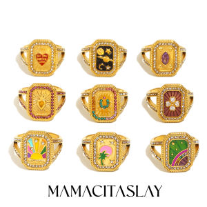 MamacitaSlay 316L Stainless Steel Enamel Zircon Heart Star Moon Ring Necklace Party Waterproof Jewelry Womens Charm Jewelry