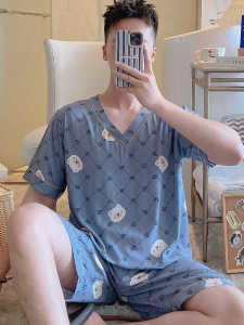 Gingham Men Poplin Pajamas Summer Cotton Mens Short Sleeve Shorts Suit 2024 New Arrival Teenagers