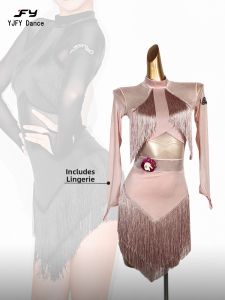 YJFY Dance | Adult Pink Long Sleeve Fringed Dress International Standard Latin Dance Wear