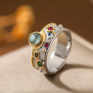 Vintage Colored Faux Gemstone Ring Copper Ladies Fashion Two-Color Luxury Fashion Ring Jewelry Gift